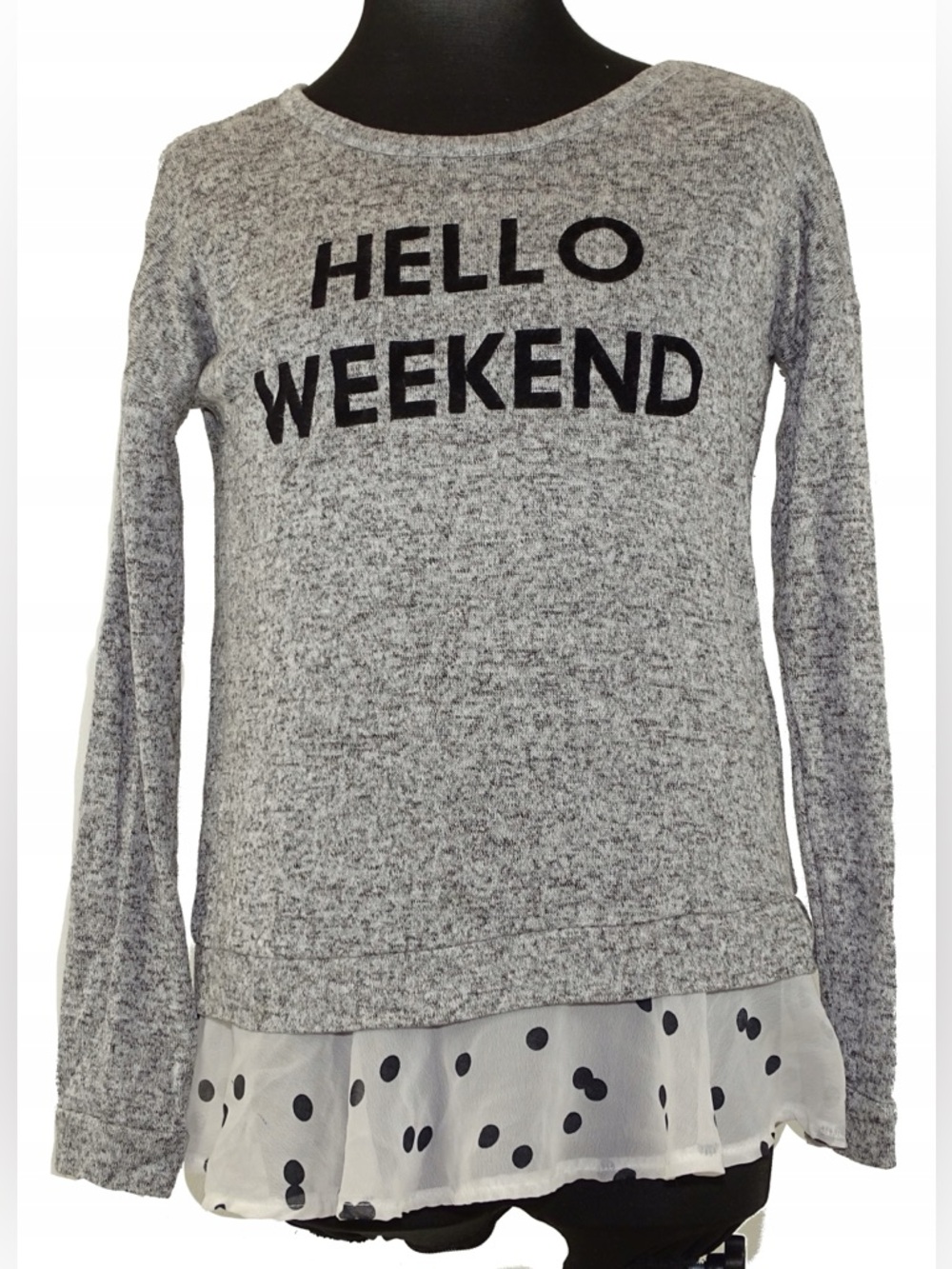 (A2) Epic Threads "Hello Weekend" Sweatshirt Gray Polka Dot Hem‎ Girls XL 14/16
